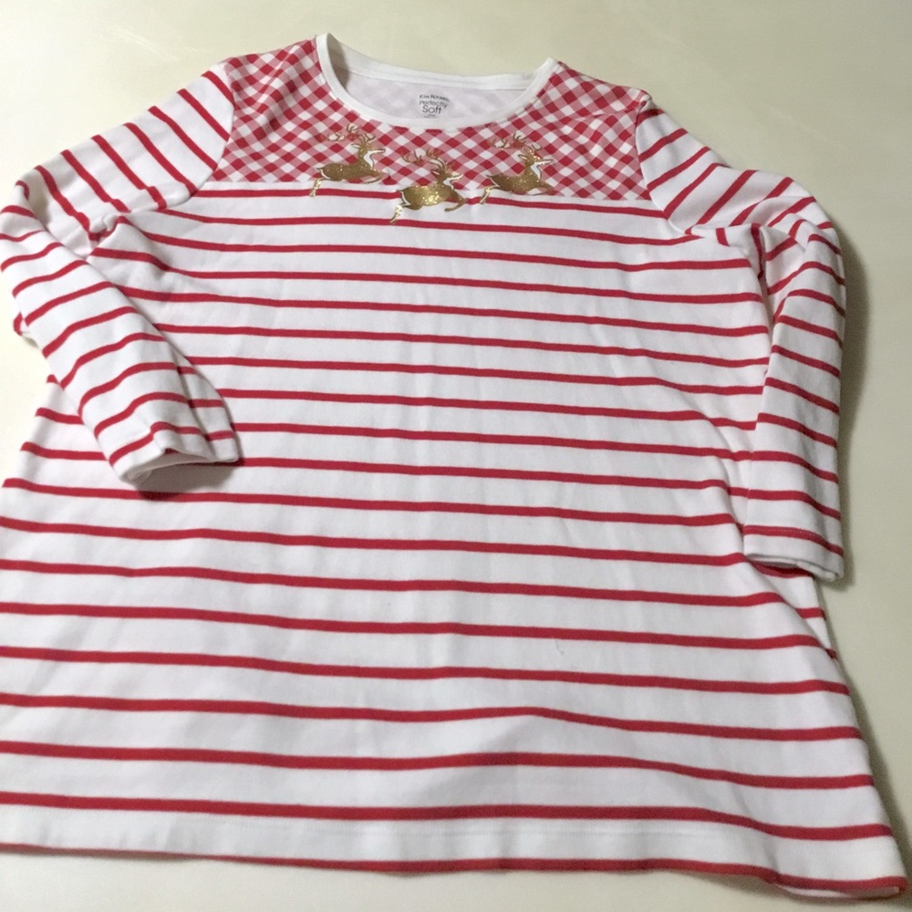 Kim Rogers long Sleeved Soft Tee - Red and White Stripped with Gold Reindeer.